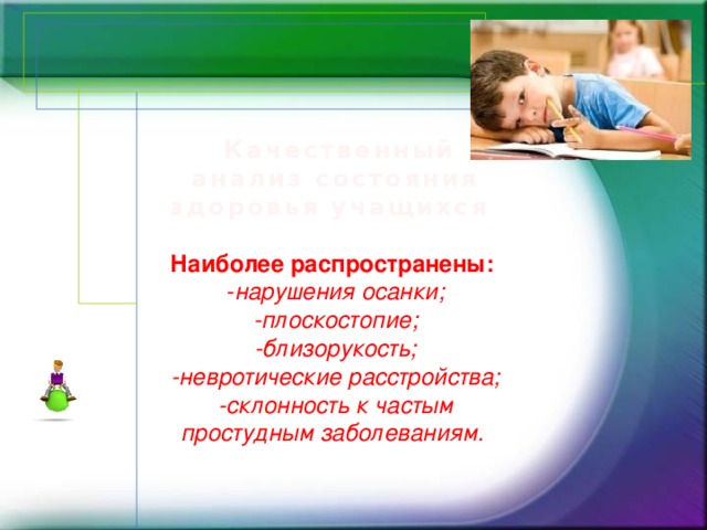 Качественный анализ состояния здоровья учащихся   Наиболее распространены:  - нарушения осанки;  -плоскостопие;  -близорукость;  -невротические расстройства;  -склонность к частым простудным заболеваниям.