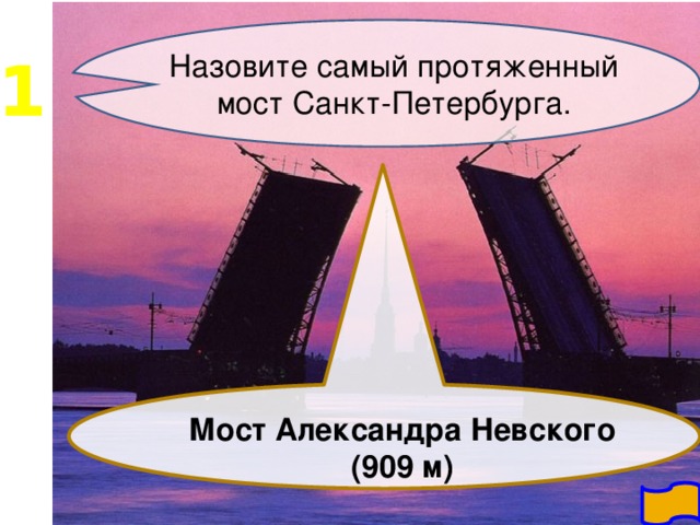 1 Назовите самый протяженный мост Санкт-Петербурга.  Мост Александра Невского (909 м)