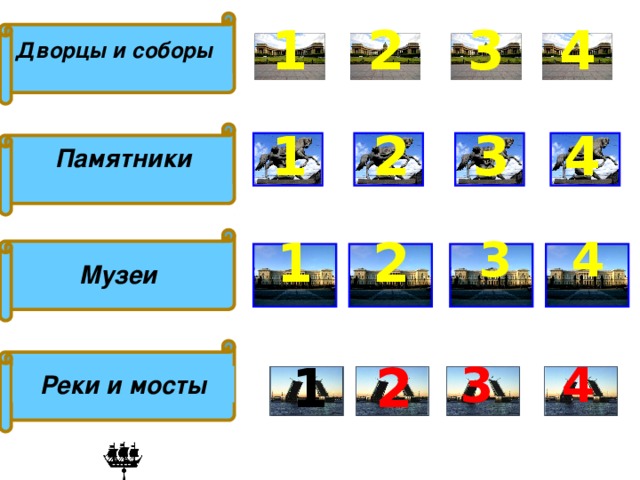 3 4 2 1 Дворцы и соборы 3 1 2 4 Памятники 1 2 3 4 Музеи 1 4 3 2 Реки и мосты