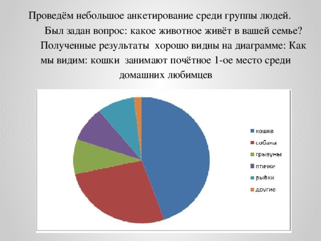 Проведём небольшое анкетирование среди группы людей. Был задан вопрос: какое животное живёт в вашей семье? Полученные результаты хорошо видны на диаграмме: Как мы видим: кошки занимают почётное 1-ое место среди домашних любимцев