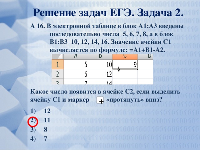 Решение задач ЕГЭ. Задача 2. А 16. В электронной таблице в блок А1:А3 введены последовательно числа 5, 6, 7, 8, а в блок В1:В3 10, 12, 14, 16. Значение ячейки С1 вычисляется по формуле: =А1+В1-А2. Какое число появится в ячейке С2, если выделить ячейку С1 и маркер «протянуть» вниз? 12 11 8 7 +
