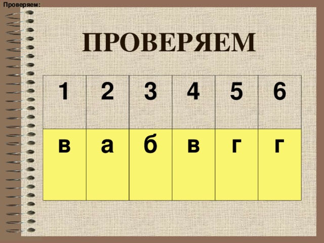 Проверяем:  ПРОВЕРЯЕМ 1 2 в  а 3 4 б в 5 6 г г