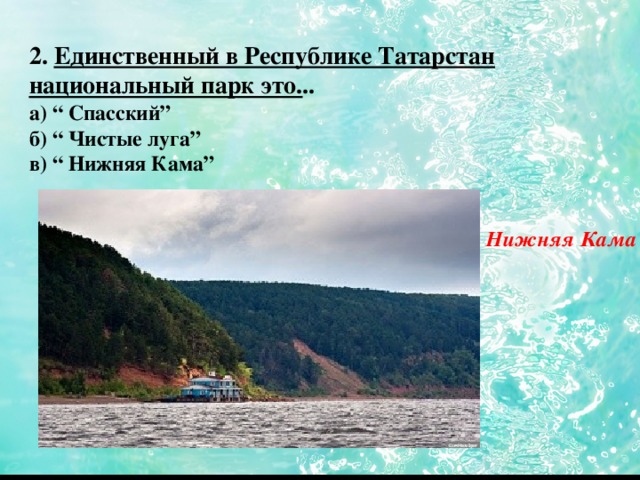 2. Единственный в Республике Татарстан национальный парк это. .. а) “ Спасский”  б) “ Чистые луга” в) “ Нижняя Кама” Нижняя Кама