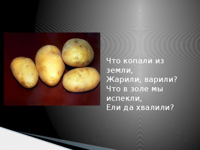 Что копали из земли,  Жарили, варили?  Что в золе мы испекли,  Ели да хвалили?