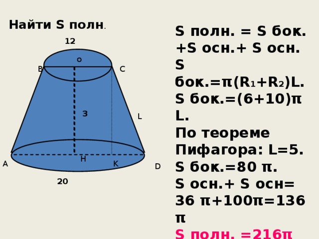 Найти S полн . S полн. = S бок. +S осн.+ S осн. S бок.= π(R 1 +R 2 )L. S бок.=(6+10)π L. По теореме Пифагора: L=5. S бок.=80 π. S осн.+ S осн= 36 π+100π=136 π S полн. =216π 12 о В С 3 L Н А K D 20