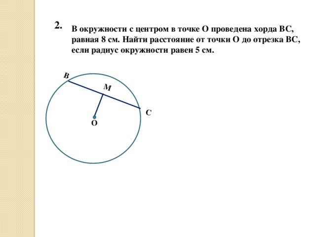 В С М 2. В окружности с центром в точке О проведена хорда ВС, равная 8 см. Найти расстояние от точки О до отрезка ВС, если радиус окружности равен 5 см. О