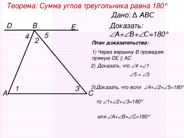 Теорема: Сумма углов треугольника равна 180  Дано: ∆ ABC D Доказать:  A +  B +  C =180  B E 5 4 2 План доказательства: 1) Через вершину B проведем прямую DE || AC 2) Доказать, что  4 =  1   5 =  3 1 3)Доказать, что если  4+  2+  5=180  , 3 C A то  1 +  2+  3 =180  или  A+  B+  C=180  8 8 8