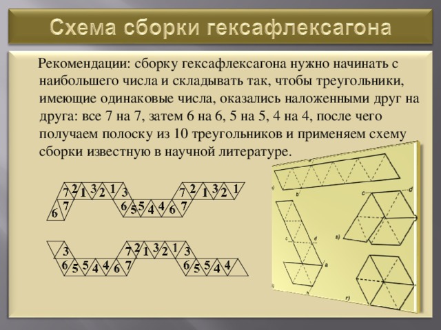 Рекомендации: сборку гексафлексагона нужно начинать с наибольшего числа и складывать так, чтобы треугольники, имеющие одинаковые числа, оказались наложенными друг на друга: все 7 на 7, затем 6 на 6, 5 на 5, 4 на 4, после чего получаем полоску из 10 треугольников и применяем схему сборки известную в научной литературе.