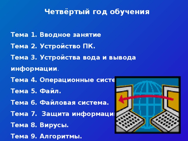 Четвёртый год обучения   Тема 1. Вводное занятие Тема 2. Устройство ПК. Тема 3. Устройства вода и вывода информации . Тема 4. Операционные системы. Тема 5. Файл. Тема 6. Файловая система. Тема 7. Защита информации. Тема 8. Вирусы.  Тема 9. Алгоритмы.