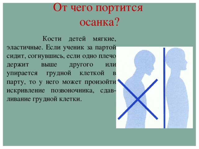 От чего портится  осанка?  Кости детей мягкие, эластичные. Если ученик за партой сидит, согнувшись, если одно плечо держит выше другого или упирается грудной клеткой в парту, то у него может произойти искривление позвоночника, сдав-ливание грудной клетки.