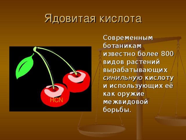 Ядовитая кислота  Современным ботаникам известно более 800 видов растений вырабатывающих синильную кислоту и использующих её как оружие межвидовой борьбы.  HCN