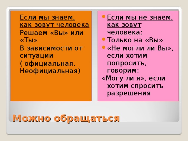 Если мы не знаем, как зовут человека: Только на «Вы» «Не могли ли Вы», если хотим попросить, говорим: Если мы знаем, как зовут человека