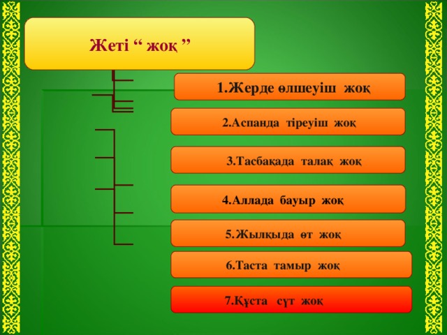 Жеті “ жоқ ”  1.Жерде өлшеуіш жоқ  2.Аспанда тіреуіш жоқ  3.Тасбақада талақ жоқ  4.Аллада бауыр жоқ  5.Жылқыда өт жоқ  6.Таста тамыр жоқ 7.Құста сүт жоқ