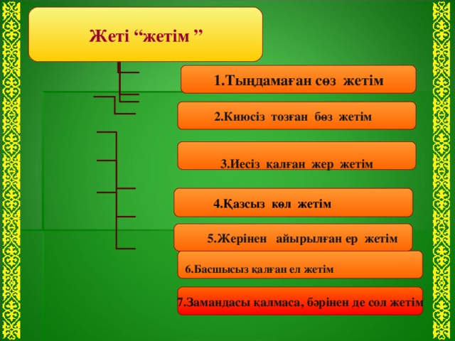 Жеті “жетім ” 1.Тыңдамаған сөз жетім  2.Киюсіз тозған бөз жетім  3.Иесіз қалған жер жетім  4.Қазсыз көл жетім  5.Жерінен айырылған ер жетім 6.Басшысыз қалған ел жетім 7.Замандасы қалмаса, бәрінен де сол жетім