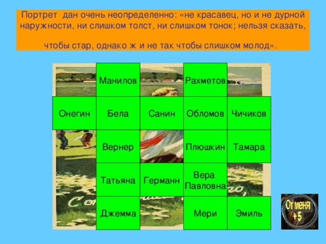 Портрет дан очень неопределенно: «не красавец, но и не дурной наружности, ни слишком толст, ни слишком тонок; нельзя сказать, чтобы стар, однако ж и не так чтобы слишком молод».  Манилов Рахметов Онегин Бела Санин Обломов Чичиков Плюшкин Вернер Тамара Вера Павловна Германн Татьяна Джемма Эмиль Мери