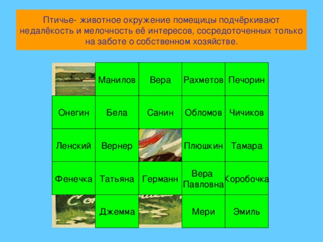 Птичье- животное окружение помещицы подчёркивают недалёкость и мелочность её интересов, сосредоточенных только на заботе о собственном хозяйстве. Печорин Манилов Рахметов Вера Обломов Санин Онегин Бела Чичиков Вернер Плюшкин Ленский Тамара Коробочка Вера Павловна Германн Фенечка Татьяна Джемма Мери Эмиль