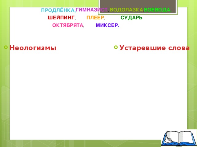 ГИМНАЗИСТ , ВОДОЛАЗКА , ВОЕВОДА , ПРОДЛЁНКА,  ШЕЙПИНГ , ПЛЕЕР , СУДАРЬ ОКТЯБРЯТА , МИКСЕР.