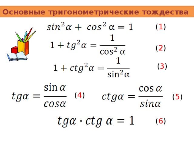 Основные тригонометрические тождества ( 1 ) ( 2 ) ( 3 ) ( 4 ) ( 5 ) ( 6 )