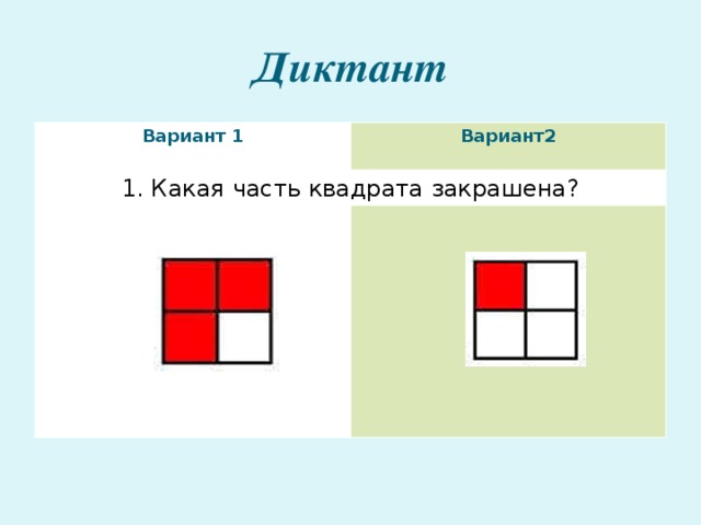 Диктант Вариант 1  Вариант2 1. Какая часть квадрата закрашена?