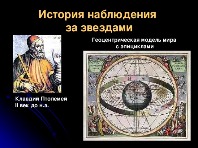 История наблюдения  за звездами Геоцентрическая модель мира с эпициклами Клавдий Птолемей II век до н.э.