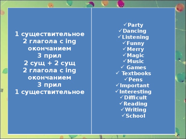 1 существительное Party Dancing Listening Funny Merry Magic Music  Games  Textbooks Pens Important Interesting Difficult Reading Writing School 2 глагола с ing окончанием  3 прил 2 сущ + 2 сущ 2 глагола с ing окончанием 3 прил 1 существительное