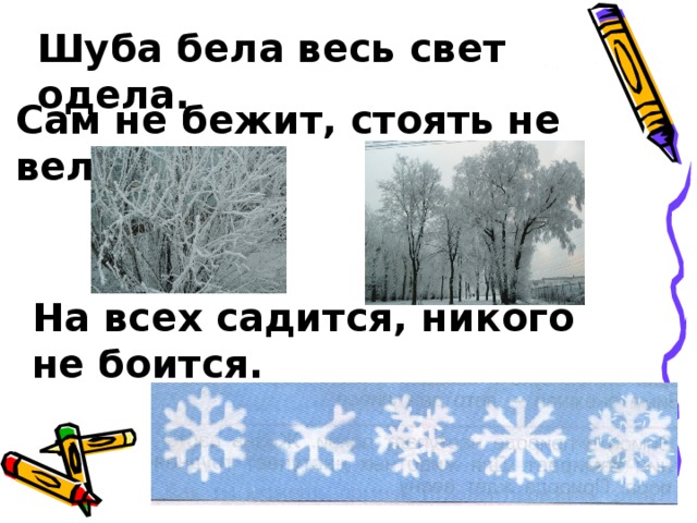 Шуба бела весь свет одела. Сам не бежит, стоять не велит. На всех садится, никого не боится.