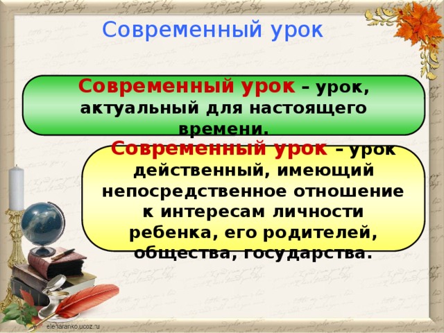 Современный урок Современный урок – урок, актуальный для настоящего времени. Современный урок – урок действенный, имеющий непосредственное отношение к интересам личности ребенка, его родителей, общества, государства.