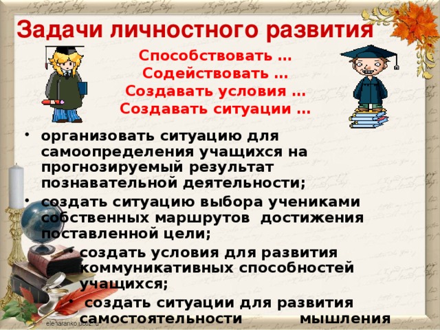 Задачи личностного развития Способствовать … Содействовать … Создавать условия … Создавать ситуации …