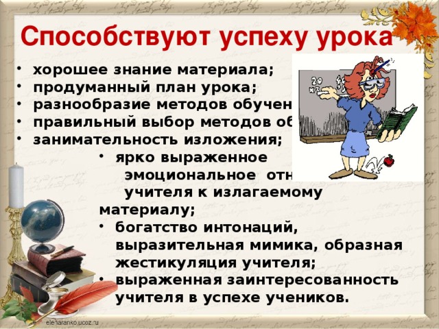 Способствуют успеху урока хорошее знание материала; продуманный план урока; разнообразие методов обучения; правильный выбор методов обучения; занимательность изложения; ярко выраженное ярко выраженное ярко выраженное ярко выраженное ярко выраженное  эмоциональное отношение  учителя к излагаемому материалу; богатство интонаций, выразительная мимика, образная жестикуляция учителя; выраженная заинтересованность учителя в успехе учеников. богатство интонаций, выразительная мимика, образная жестикуляция учителя; выраженная заинтересованность учителя в успехе учеников. богатство интонаций, выразительная мимика, образная жестикуляция учителя; выраженная заинтересованность учителя в успехе учеников. богатство интонаций, выразительная мимика, образная жестикуляция учителя; выраженная заинтересованность учителя в успехе учеников. богатство интонаций, выразительная мимика, образная жестикуляция учителя; выраженная заинтересованность учителя в успехе учеников.