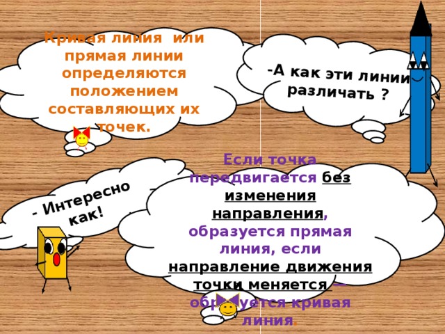 -А как эти линии различать ? - Интересно как! Кривая линия или прямая линии определяются положением составляющих их точек.  Если точка передвигается без изменения направления , образуется прямая линия, если направление движения точки меняется — образуется кривая линия .