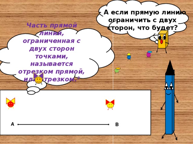 - А если прямую линию ограничить с двух сторон, что будет? А В Часть прямой линии, ограниченная с двух сторон точками, называется отрезком прямой, или отрезком.²