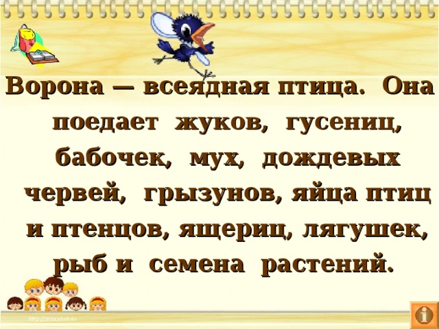 Ворона — всеядная птица. Она поедает жуков, гусениц, бабочек, мух, дождевых червей, грызунов, яйца птиц и птенцов, ящериц, лягушек, рыб и семена растений.