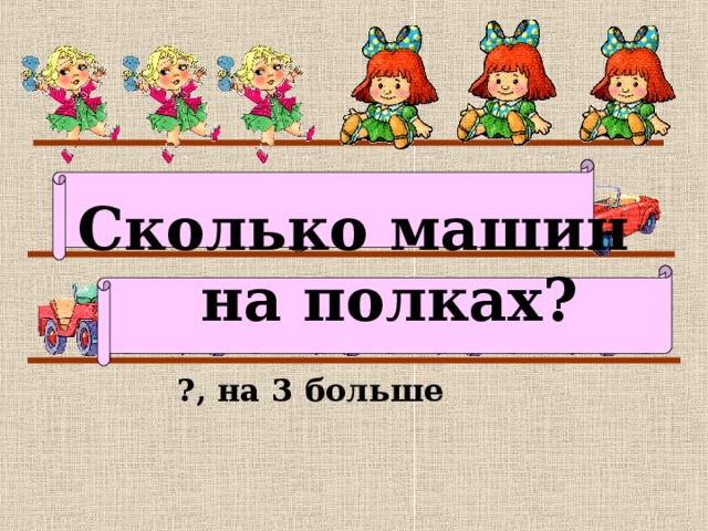 Сколько машин  на полках? ?, на 3 больше