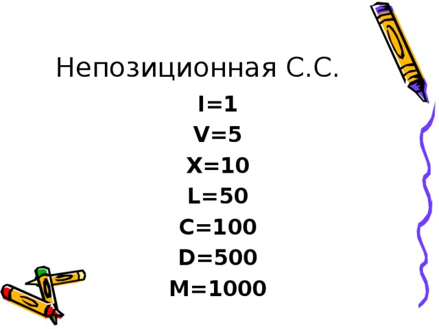 Непозиционная С.С. I= 1 V= 5 X= 10 L= 50 C= 100 D= 500 M= 1000