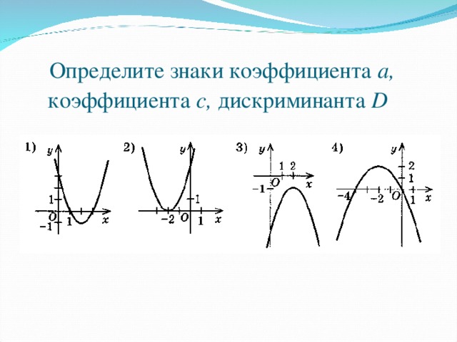 Определите знаки коэффициента а, коэффициента с, дискриминанта  D