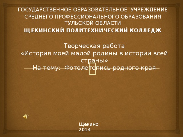 ГОСУДАРСТВЕННОЕ ОБРАЗОВАТЕЛЬНОЕ УЧРЕЖДЕНИЕ СРЕДНЕГО ПРОФЕССИОНАЛЬНОГО ОБРАЗОВАНИЯ ТУЛЬСКОЙ ОБЛАСТИ Щ екинский политехнический колледж   Творческая работа «История моей малой родины в истории всей страны» На тему: Фотолетопись родного края Щекино 2014