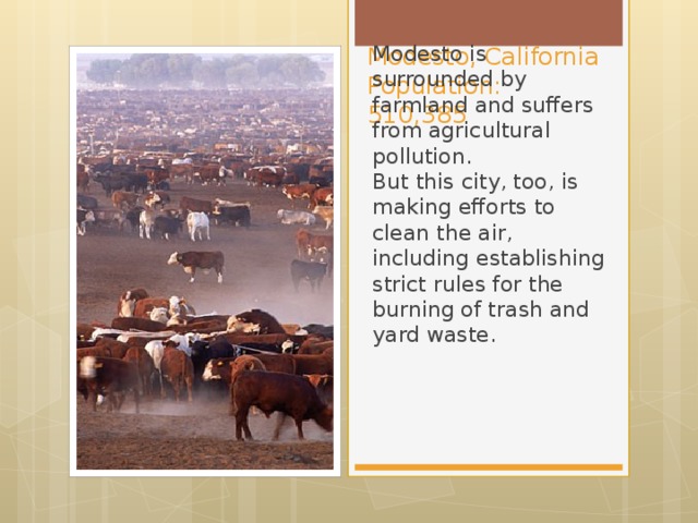 Modesto, California  Population: 510,385 Modesto is surrounded by farmland and suffers from agricultural pollution.  But this city, too, is making efforts to clean the air, including establishing strict rules for the burning of trash and yard waste.