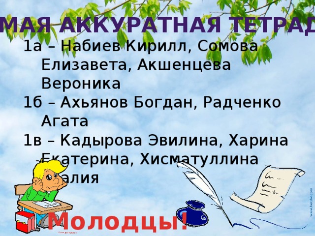 «Самая аккуратная тетрадь» 1а – Набиев Кирилл, Сомова Елизавета, Акшенцева Вероника 1б – Ахьянов Богдан, Радченко Агата 1в – Кадырова Эвилина, Харина Екатерина, Хисматуллина Азалия Молодцы!