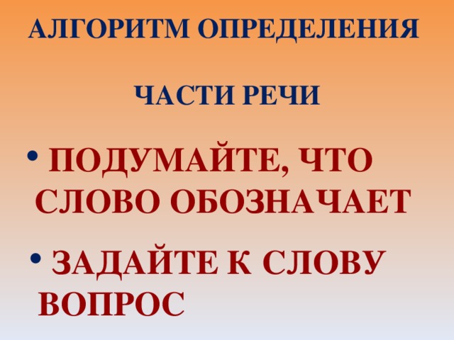 АЛГОРИТМ ОПРЕДЕЛЕНИЯ ЧАСТИ РЕЧИ  ПОДУМАЙТЕ, ЧТО  СЛОВО ОБОЗНАЧАЕТ  ЗАДАЙТЕ К СЛОВУ  ВОПРОС