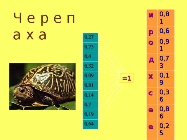 Ч е р е п а х а и 0,81 р о 0,6 0,91 д х 0,73 с 0,19 е 0,36 0,86 е 0,25 л 0,3 м 0,68 0,27 0,75 0,4 0,32 0,09 0,81 0,14 0,7 0,19 0,64 =1