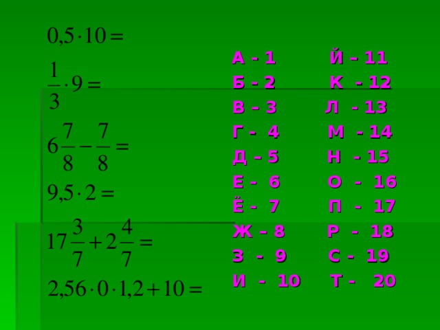 А - 1 Й – 11 Б - 2 К - 12 В – 3 Л - 13 Г - 4 М - 14 Д – 5 Н - 15 Е - 6 О - 16 Ё - 7 П - 17 Ж – 8 Р - 18 З - 9 С - 19 И - 10 Т - 20