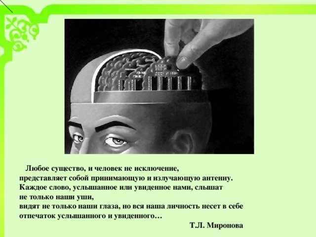 Любое существо, и человек не исключение, представляет собой принимающую и излучающую антенну. Каждое слово, услышанное или увиденное нами, слышат не только наши уши, видят не только наши глаза, но вся наша личность несет в себе отпечаток услышанного и увиденного…  Т.Л. Миронова