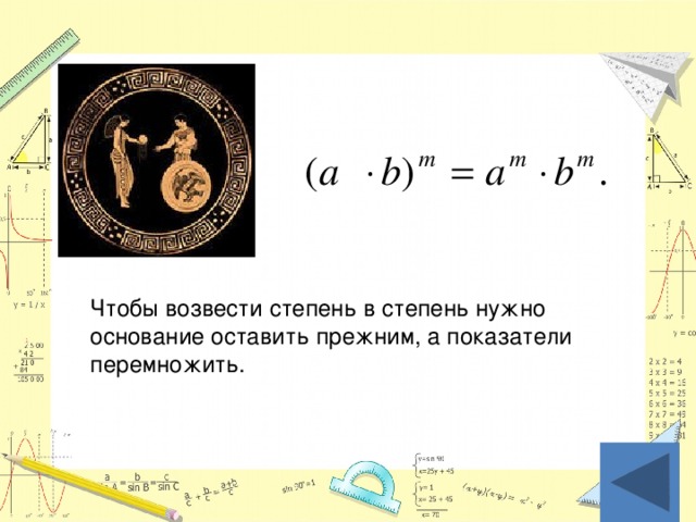 Чтобы возвести степень в степень нужно основание оставить прежним, а показатели перемножить.