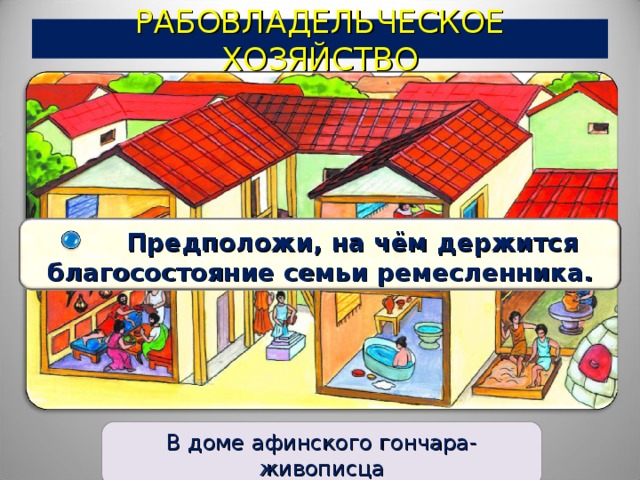 РАБОВЛАДЕЛЬЧЕСКОЕ ХОЗЯЙСТВО  Предположи, на чём держится благосостояние семьи ремесленника. Анимация поставлена на щелчок. Происходит выцветание задания и появление рисунка стр. 168). Выполнение задания в режиме просмотра осуществляется при помощи встроенных средств Microsoft PPT В доме афинского гончара-живописца 6