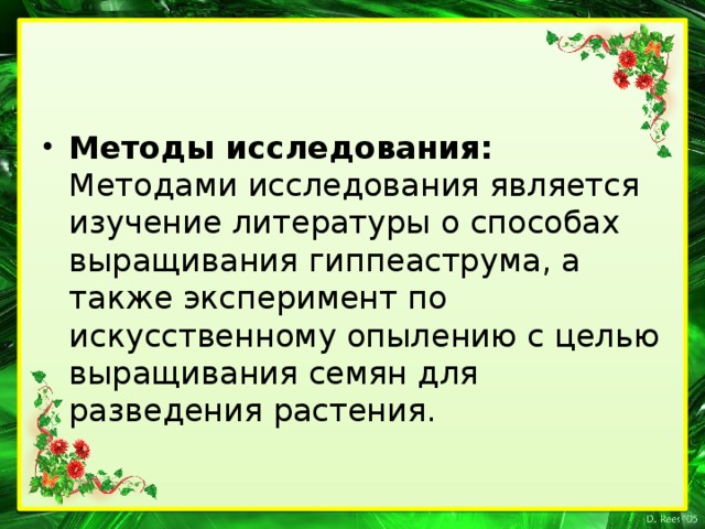 Методы исследования: Методами исследования является изучение литературы о способах выращивания гиппеаструма, а также эксперимент по искусственному опылению с целью выращивания семян для разведения растения.