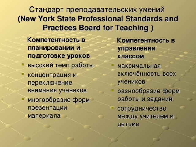 Стандарт преподавательских умений  ( New York State Professional Standards and Practices Board for Teaching  )  Компетентность в планировании и подготовке уроков  Компетентность в планировании и подготовке уроков высокий темп работы концентрация и переключение внимания учеников многообразие форм презентации материала высокий темп работы концентрация и переключение внимания учеников многообразие форм презентации материала  Компетентность в управлении классом