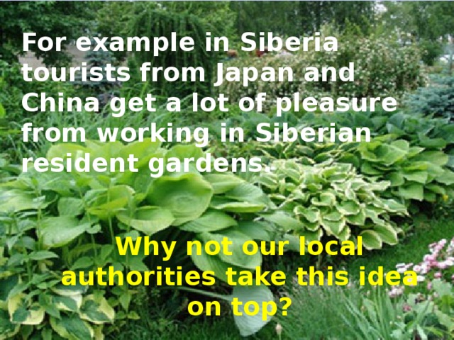 For example in Siberia tourists from Japan and China get a lot of pleasure from working in Siberian  resident gardens.  Why not our local authorities take this idea on top?