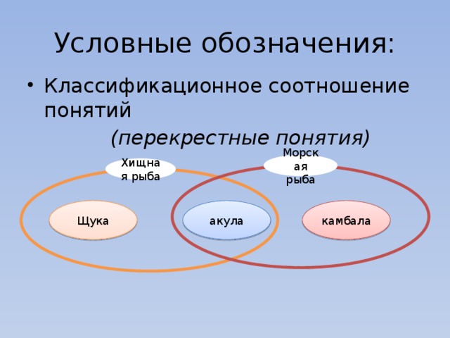 Условные обозначения: Классификационное соотношение понятий  (перекрестные понятия) Морская рыба Хищная рыба камбала Щука акула