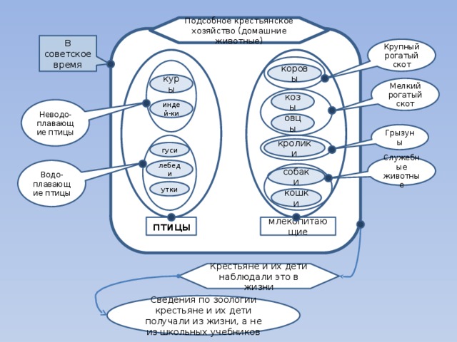 Подсобное крестьянское хозяйство (домашние животные) В советское время Крупный рогатый скот коровы куры Мелкий рогатый скот козы индей-ки Неводо-плавающие птицы овцы Грызуны кролики гуси Служебные животные Водо-плавающие птицы лебеди собаки утки кошки птицы млекопитающие Крестьяне и их дети наблюдали это в жизни Сведения по зоологии крестьяне и их дети получали из жизни, а не из школьных учебников