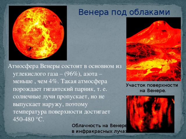 Венера под облаками Атмосфера Венеры состоит в основном из углекислого газа – (96%), азота – меньше , чем 4%. Такая атмосфера порождает гигантский парник, т. е. солнечные лучи пропускает, но не выпускает наружу, поэтому температура поверхности достигает 450-480 °С. Участок поверхности на Венере. Облачность на Венере  в инфракрасных лучах.